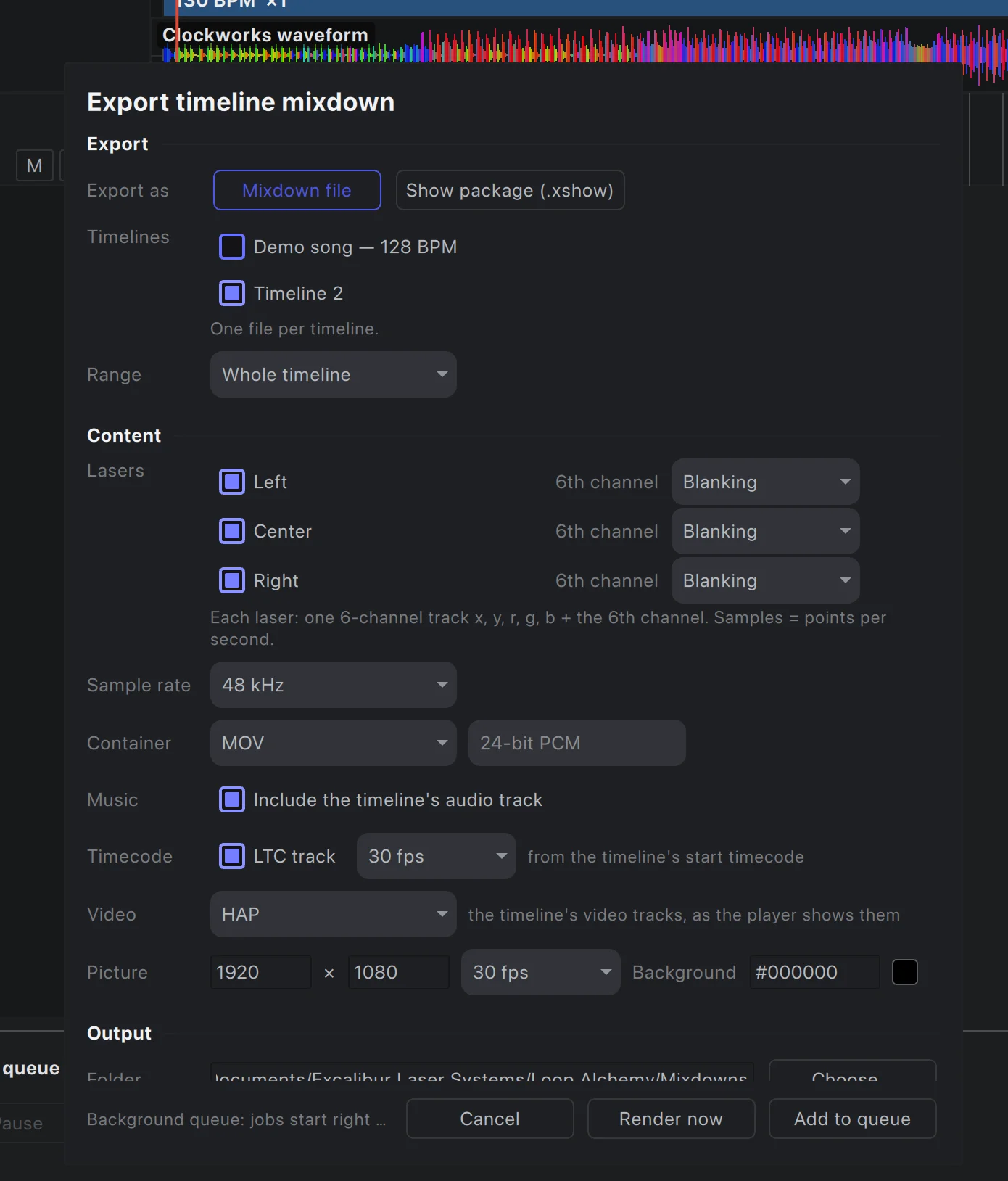 Export timeline mixdown dialog: show package, lasers, timecode and video settings