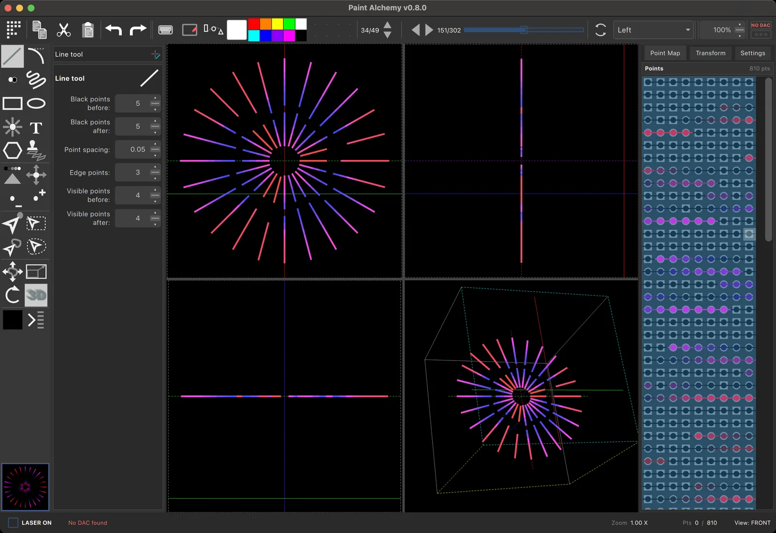 Paint Alchemy editing a starburst frame: drawing tools, front, side and top views, the 3D preview and the point map