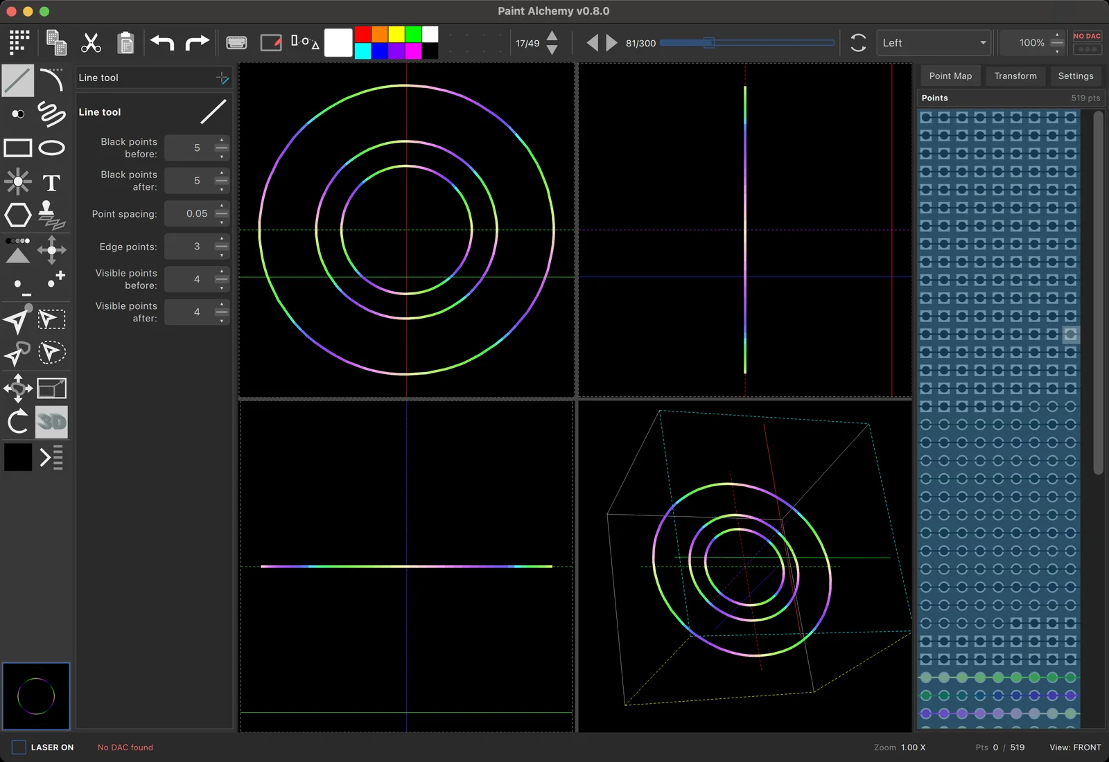 Concentric rings in Paint Alchemy's front, side, top and 3D views