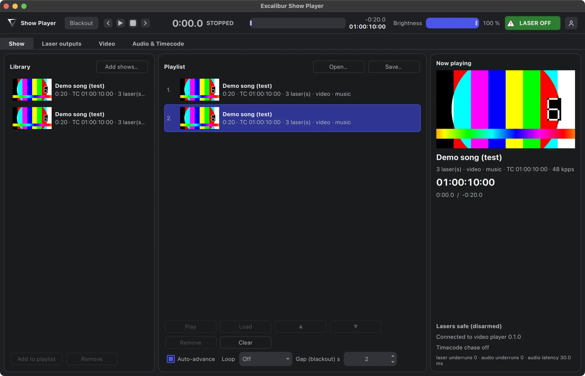 Excalibur Show Alchemy: show library, playlist and the now-playing show with timecode and laser status