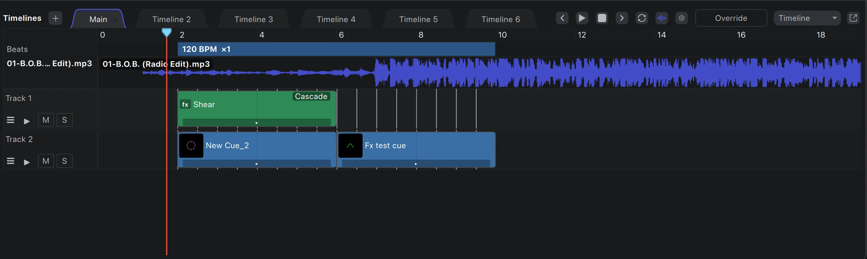 Loop Alchemy timeline with laser, effect and video tracks over a colour waveform