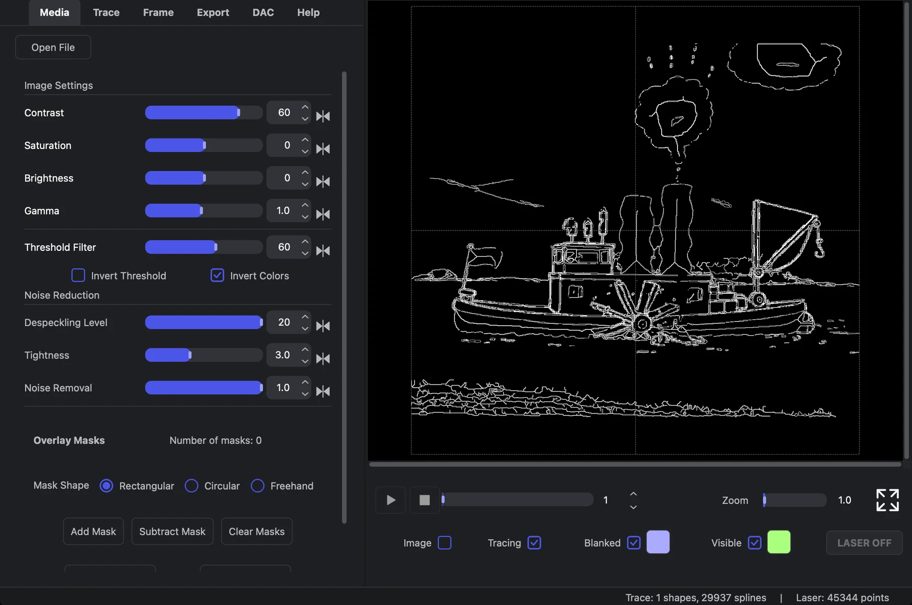 Trace Alchemy with an image traced into laser paths: image settings, the traced frame and playback controls